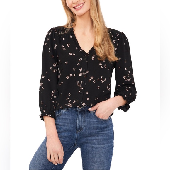 CeCe Women's Floral-Print Button-Front black Blouse/size L - Picture 1 of 3